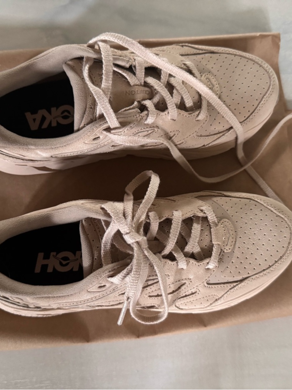 Hoka Beige Suede Lace-Up Sneakers